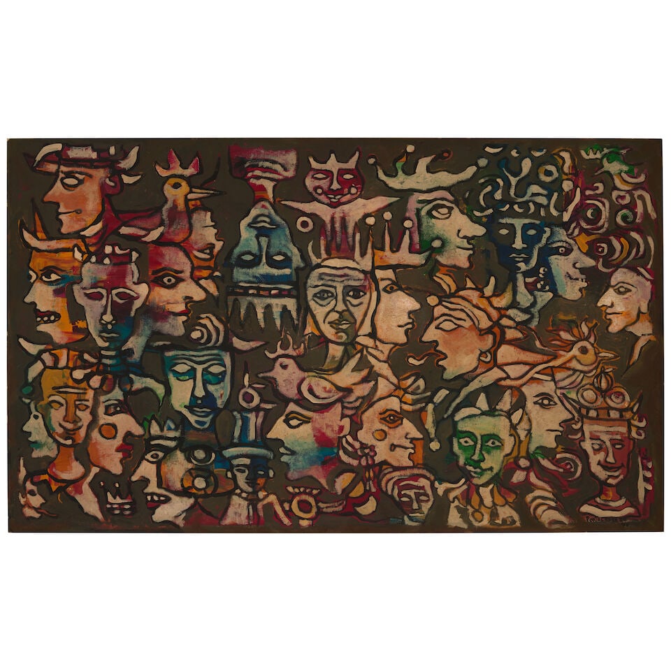 RENÉ PORTOCARRERO (1912-1985) Máscaras 23 7/8 x 39 3/4 in (60.6 x 100.9 cm) (Painted i...: RENÉ PORTOCARRERO (1912-1985) Máscaras signed and dated 'Portocarrero 70' (lower right) oil on board 23 7/8 x 39 3/4 in (60.6 x 100.9 cm) Painted in 1970 Footnotes: The authenticity of this