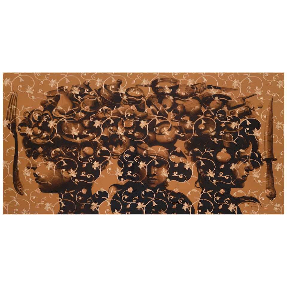 ROBERTO FABELO (B. 1950) Oración doméstica 48 x 96 in (122 x 244 cm) (Executed in 2017): ROBERTO FABELO (B. 1950) Oración doméstica acrylic on embroidered silk 48 x 96 in (122 x 244 cm) Executed in 2017 Footnotes: This work is accompanied by a certificate of authenticity signed