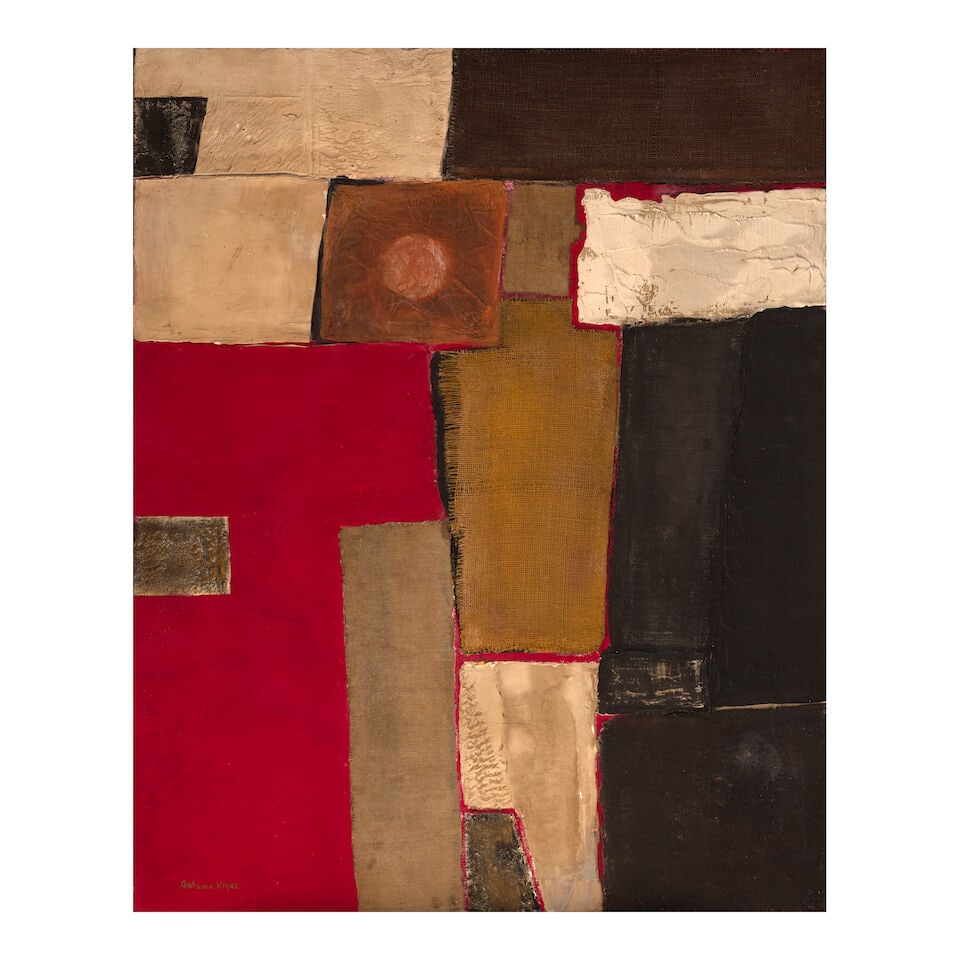 ANTONIO VIDAL (1928-2013) Untitled 38 1/4 x 30 3/4 in (97.1 x 78.1 cm) (Executed circa 1963): ANTONIO VIDAL (1928-2013) Untitled signed 'Antonio Vidal' (lower left) collage on wood 38 1/4 x 30 3/4 in (97.1 x 78.1 cm) Executed circa 1963 Footnotes: This work is accompanied by a certificate of a