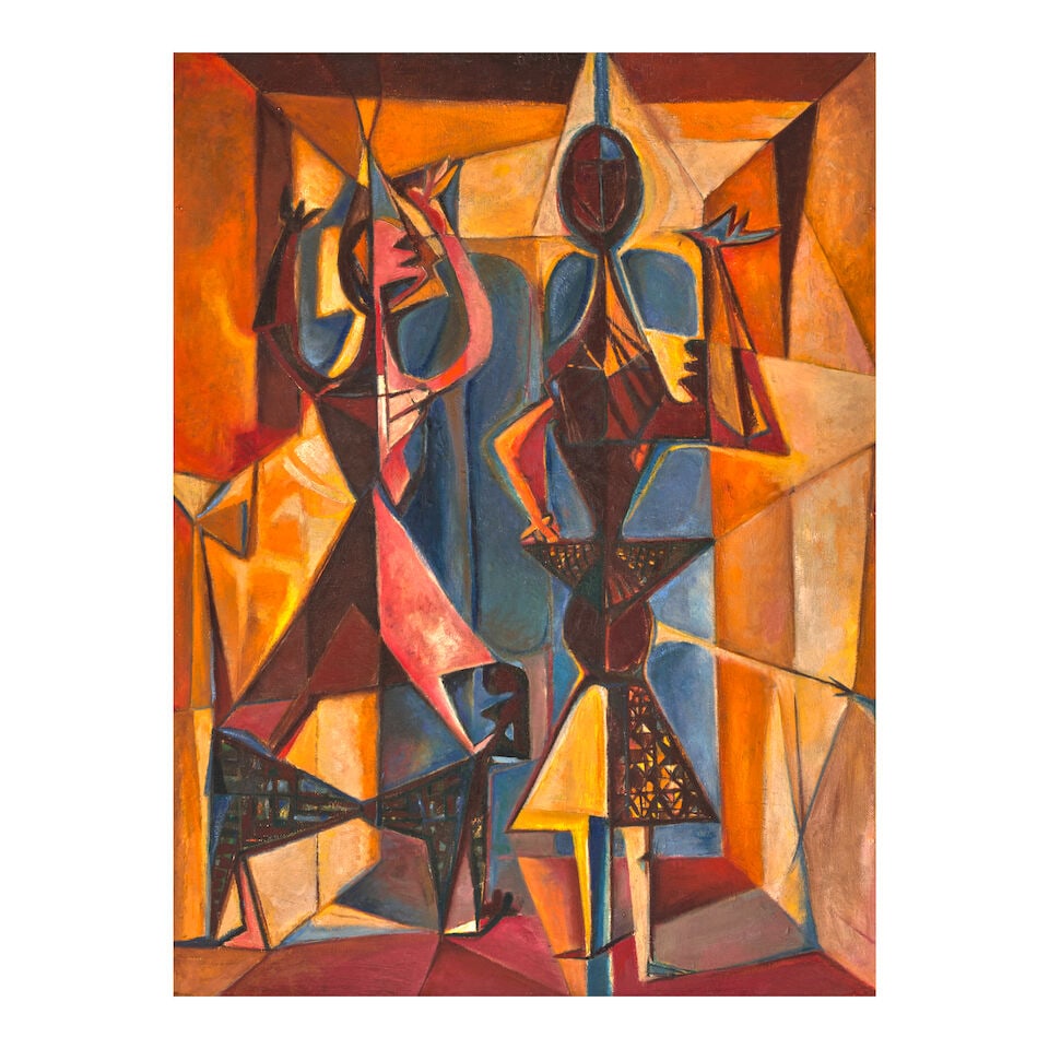 LUIS MARTÍNEZ PEDRO (1910-1989) Personajes del Cuarto Fambá I 48 x 35 7/8 in (122 x 91...: LUIS MARTÍNEZ PEDRO (1910-1989) Personajes del Cuarto Fambá I oil on board 48 x 35 7/8 in (122 x 91 cm) Painted circa 1950 Footnotes: This work is accompanied by a certificate of authenticit