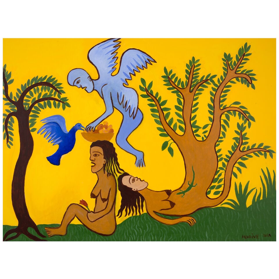 MANUEL MENDIVE (B. 1944) El angel alimenta 29 3/4 x 39 3/4 in (75.4 x 101 cm) (Painted in 2024): MANUEL MENDIVE (B. 1944) El angel alimenta signed and dated 'Mendive 2024 (lower right) acrylic on canvas 29 3/4 x 39 3/4 in (75.4 x 101 cm) Painted in 2024 Footnotes: This work is accompanied by a ce
