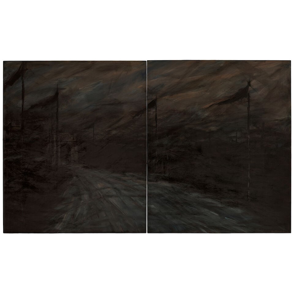 GUSTAVO ACOSTA (B. 1958) Untitled overall: 47 1/4 x 78 3/4 in (120 x 200 cm) (Painted in 1989): GUSTAVO ACOSTA (B. 1958) Untitled signed and dated 'Gustavo Acosta IV 1989' (lower right of right canvas) each signed and dated again 'Gustavo Acosta 1989' (on the reverse) acrylic on canvas, in two p