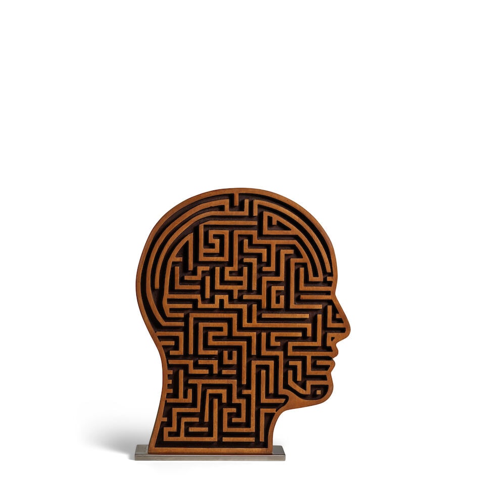 CHRISTIAN SANTY (B. 1973) Labyrinth of the Mind 23 1/4 x 18 1/4 x 4 1/4 in (59 x 46.4 x 10.8 cm)...: CHRISTIAN SANTY (B. 1973) Labyrinth of the Mind incised with the artist's signature 'Santy' (left profile edge) carved and stained wood on metal base 23 1/4 x 18 1/4 x 4 1/4 in (59 x 46.4 x 10.8 cm) E