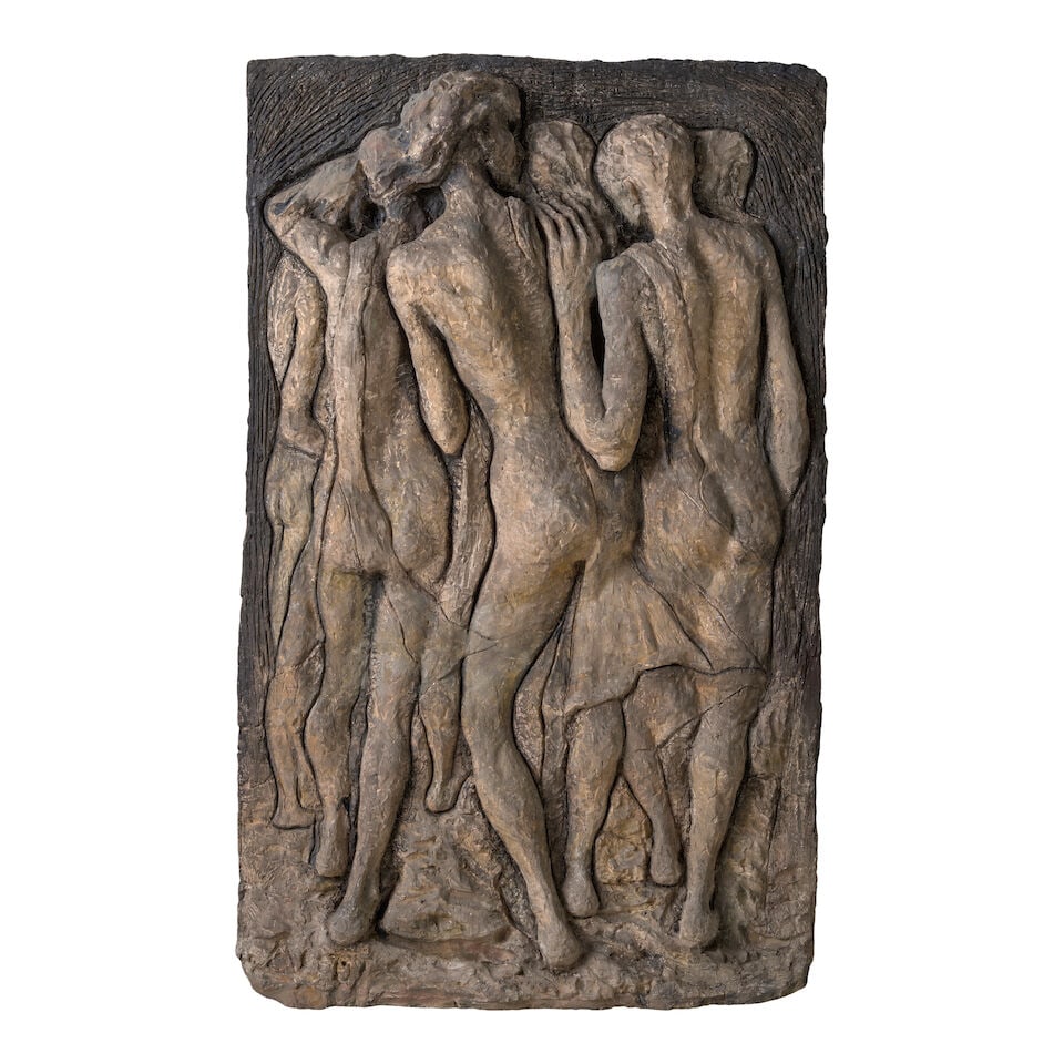 ÁNGEL ACOSTA LEÓN (1932-1964) Intimidad 55 1/2 x 35 5/8 x 6 1/2 in (140 x 90 x 16.5 cm...: ÁNGEL ACOSTA LEÓN (1932-1964) Intimidad acrylic on plaster relief 55 1/2 x 35 5/8 x 6 1/2 in (140 x 90 x 16.5 cm) Executed circa 1958 Footnotes: Provenance Acquired directly from the artist'