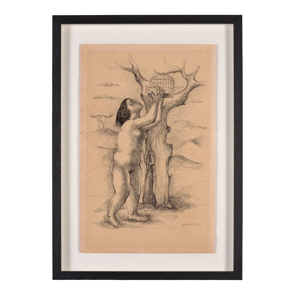 MARIO CARREÑO (1913-1999) Mujer con jaula 17 11/16 x 11 5/16 in (45 x 28.8 cm) (Executed in... - 2