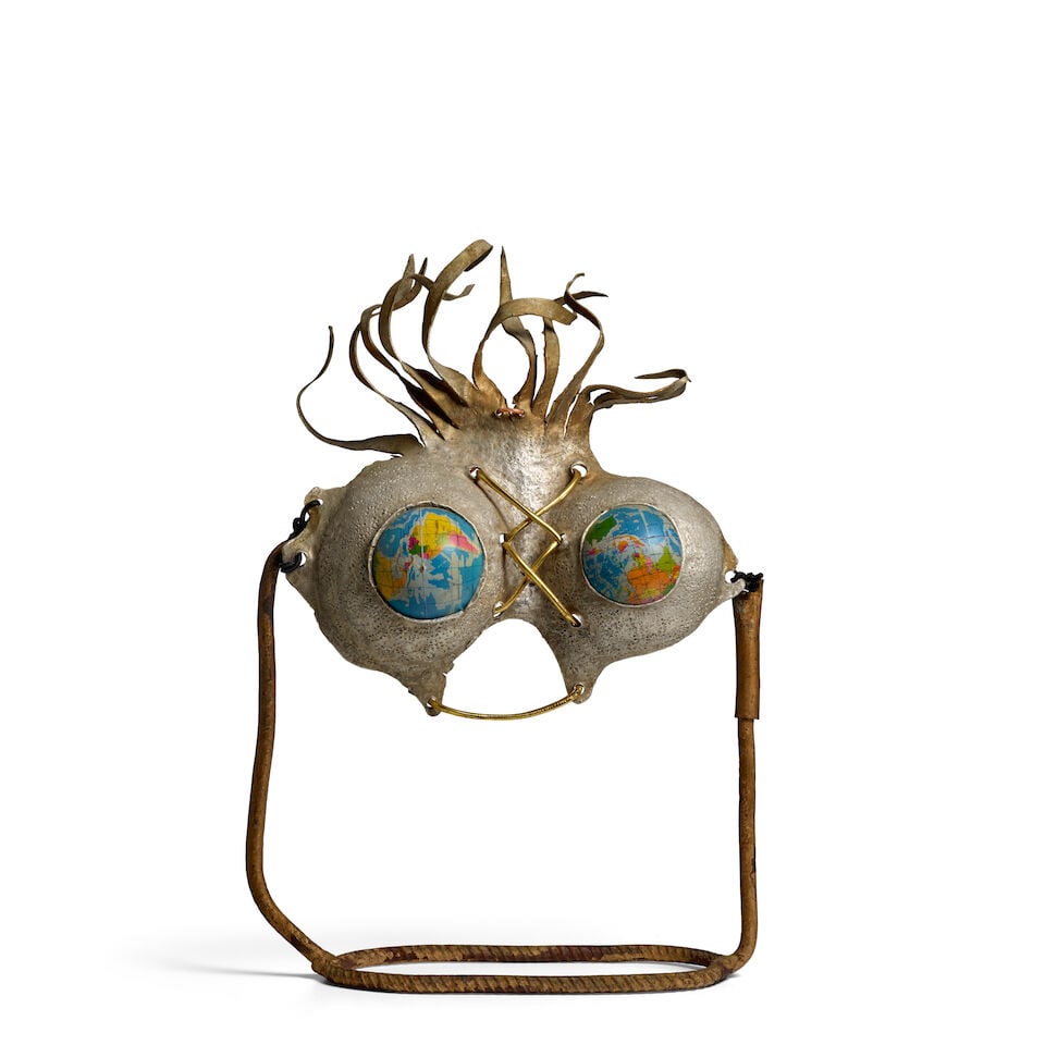 OSNELDO GARCÍA (1931-2022) Untitled 22 1/2 x 14 5/8 x 5 1/2 in (57.2 x 37 x 14 cm) (): OSNELDO GARCÍA (1931-2022) Untitled metal, iron rebar, leather, cut foam globe and twine 22 1/2 x 14 5/8 x 5 1/2 in (57.2 x 37 x 14 cm) Footnotes: We are grateful for the Estudio Veigas, Havana f