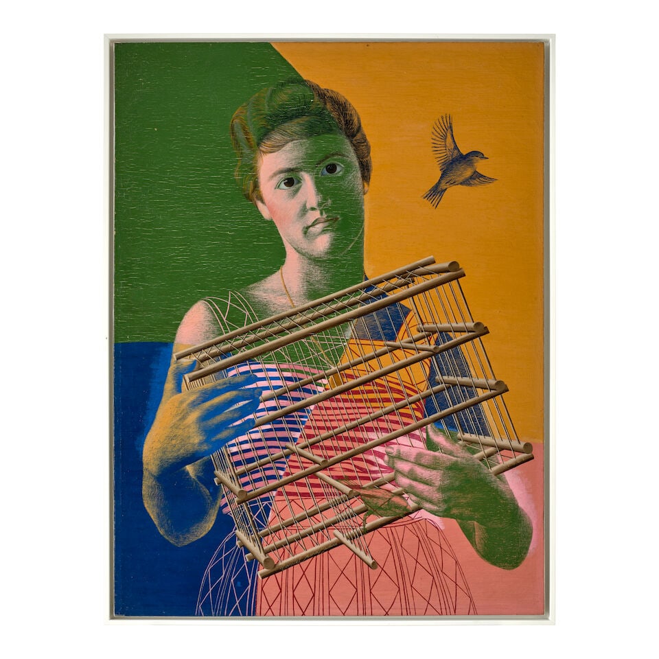 DANIEL SERRA BADUÉ (1914-1996) Mujer con pajarera 31 3/8 x 23 7/8 in (81 x 60.7 cm) (Painte... - 2