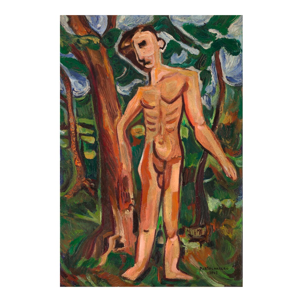 RENÉ PORTOCARRERO (1912-1985) Figura en el campo 23 7/16 x 15 11/16 in (59.5 x 39.8 cm) (Pa...: RENÉ PORTOCARRERO (1912-1985) Figura en el campo signed and dated 'Portocarrero 1943' (lower left) oil on canvas 23 7/16 x 15 11/16 in (59.5 x 39.8 cm) Painted in 1943 Footnotes: We are grateful