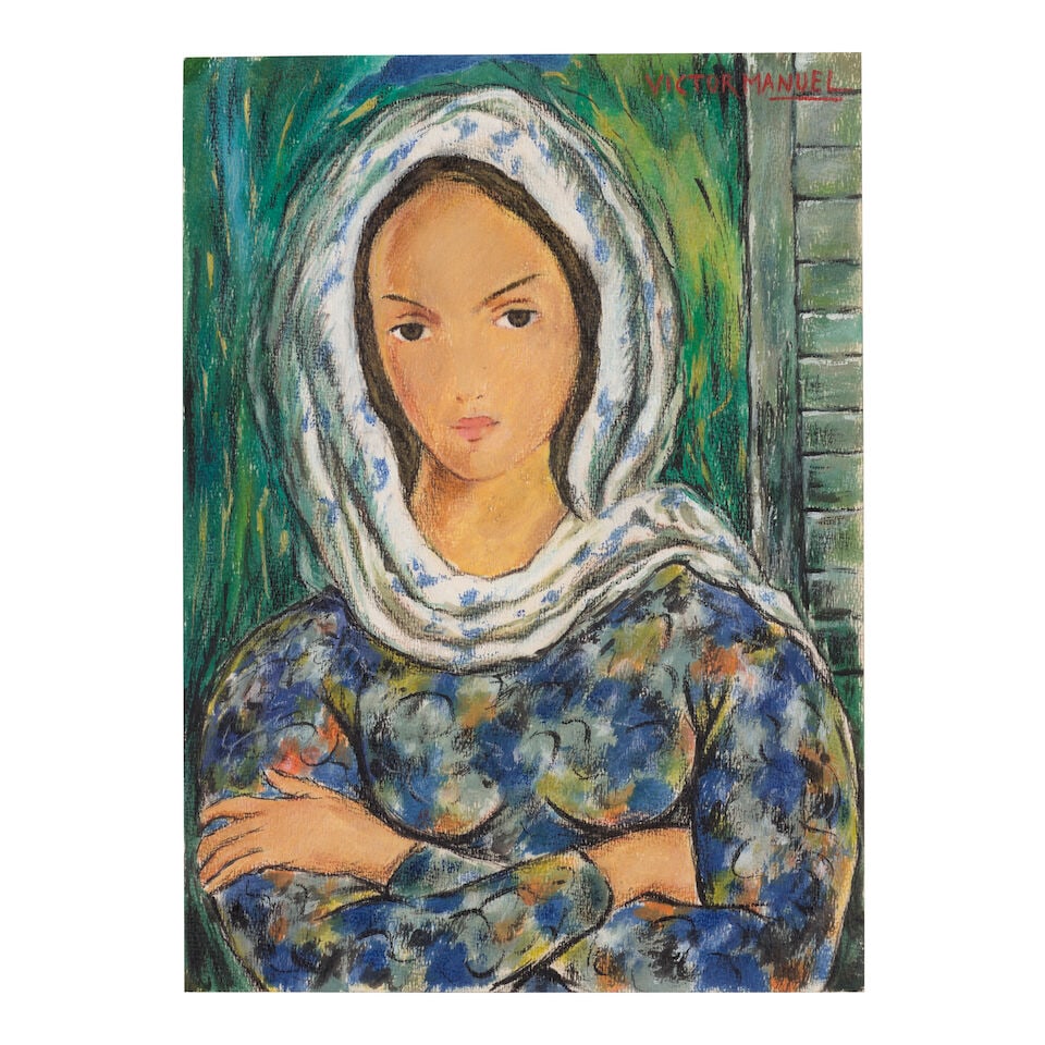 VÍCTOR MANUEL (1897-1969) Mujer con manto blanco 14 1/4 x 10 1/2 in (37.5 x 27 cm) (): VÍCTOR MANUEL (1897-1969) Mujer con manto blanco signed 'Victor Manuel' (upper right) tempera, watercolor and charcoal on paper 14 1/4 x 10 1/2 in (37.5 x 27 cm) Footnotes: The authenticity of th