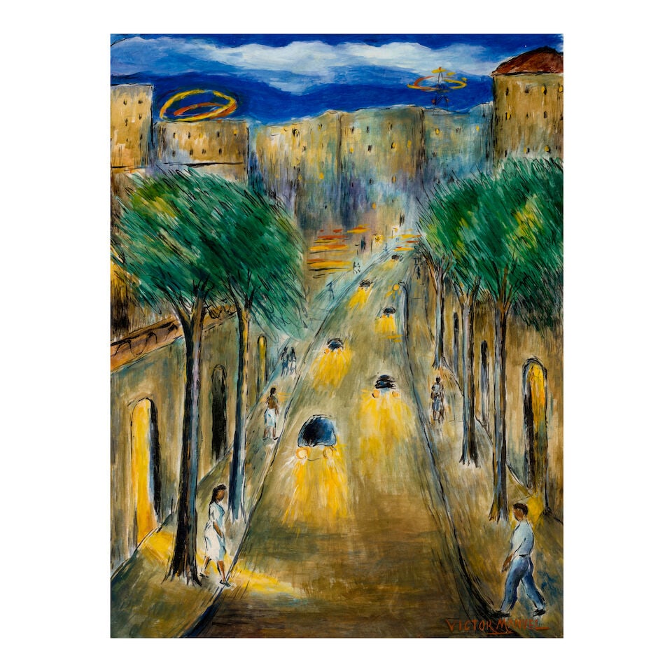 VÍCTOR MANUEL (1897-1969) Calle de noche 24 x 17 15/16 in (61 x 45.5 cm) (): VÍCTOR MANUEL (1897-1969) Calle de noche signed 'Victor Manuel' (lower right) tempera and watercolor and brush and ink on paper 24 x 17 15/16 in (61 x 45.5 cm) Footnotes: The authenticity of this