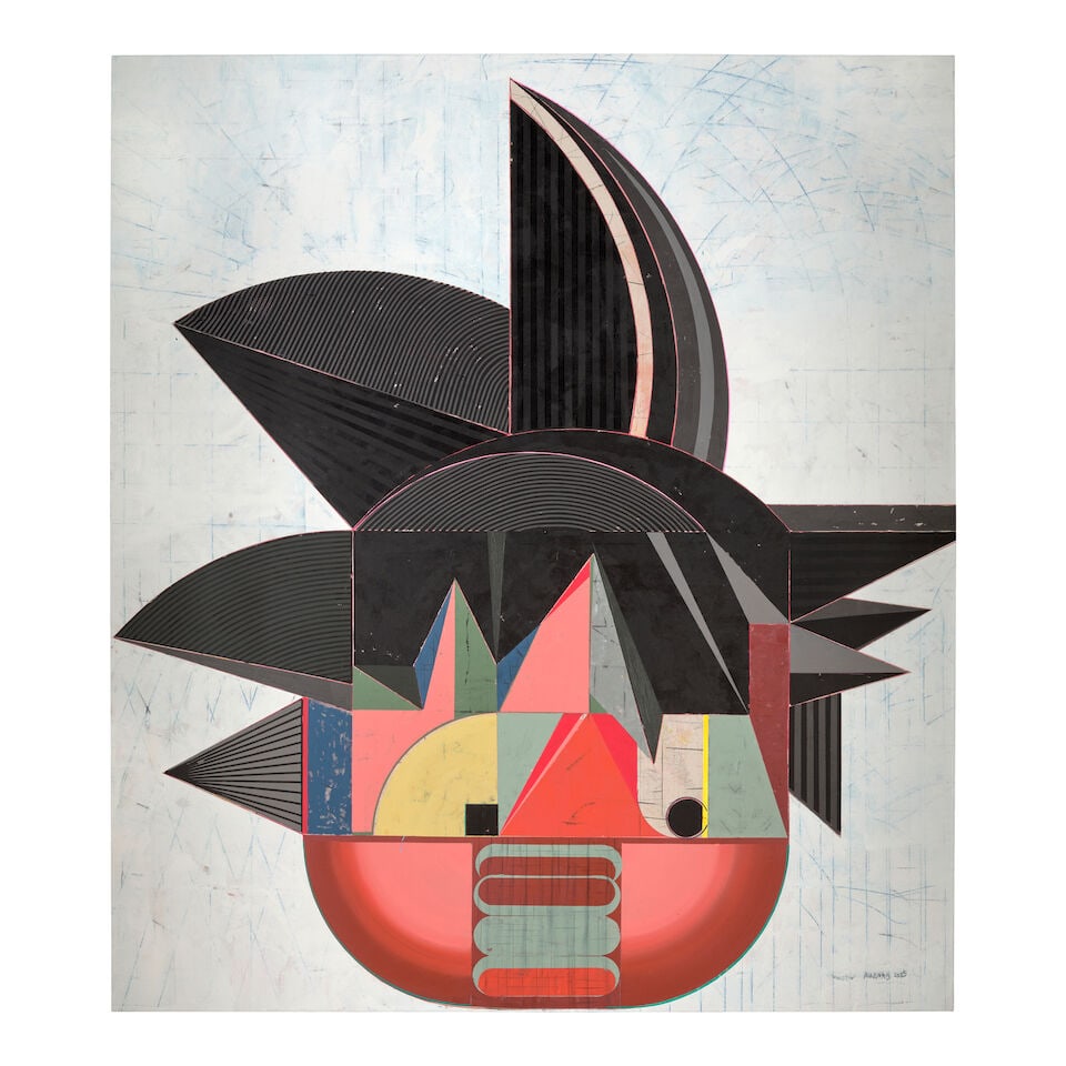NESTOR ARENAS (B. 1964) Goku-Structure (from the series Modern Icons) 102 x 90 in (259.1 x 228.6...: NESTOR ARENAS (B. 1964) Goku-Structure (from the series Modern Icons) signed and dated 'Nestor Arenas 2025' (lower right); signed and inscribed 'Nestor Arenas Goku Structure No. 1' (on the reverse) ac