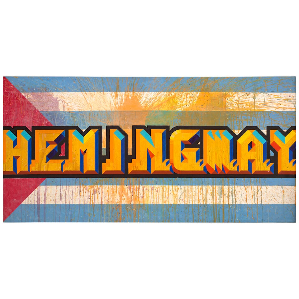 GLEXIS NOVOA (B. 1964) Hemingway 39 3/8 x 78 3/4 in (99.9 x 199.9 cm) (Painted in 2015): GLEXIS NOVOA (B. 1964) Hemingway signed, inscribed and dated ''Hemingway' Glexis Havana May-18-2015' (on the reverse) acrylic and graphite on canvas 39 3/8 x 78 3/4 in (99.9 x 199.9 cm) Painted in 201