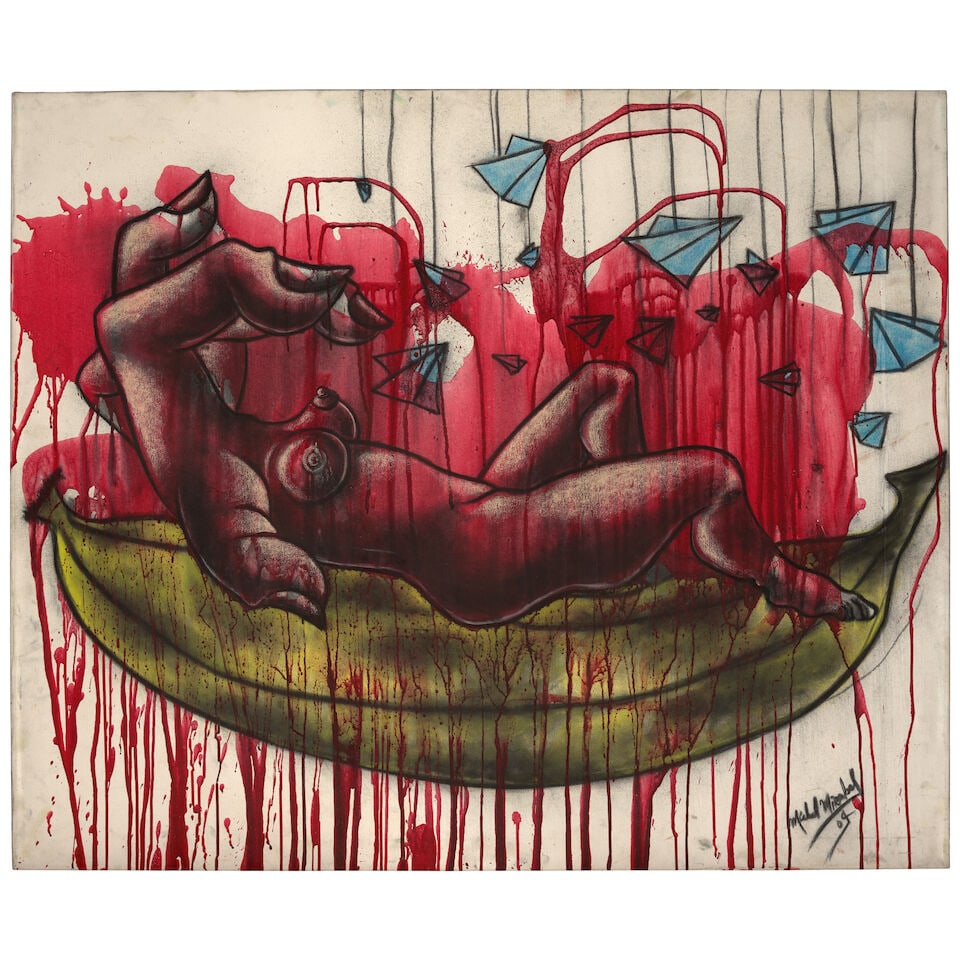 MICHEL MIRABAL (B. 1974) El receso 39 x 46 7/8 in (99 x 119 cm) (Painted in 2004): MICHEL MIRABAL (B. 1974) El receso signed and dated 'Michel Mirabal 04' (lower right) mixed media on canvas 39 x 46 7/8 in (99 x 119 cm) Painted in 2004 Footnotes: This work is accompanied by a certif