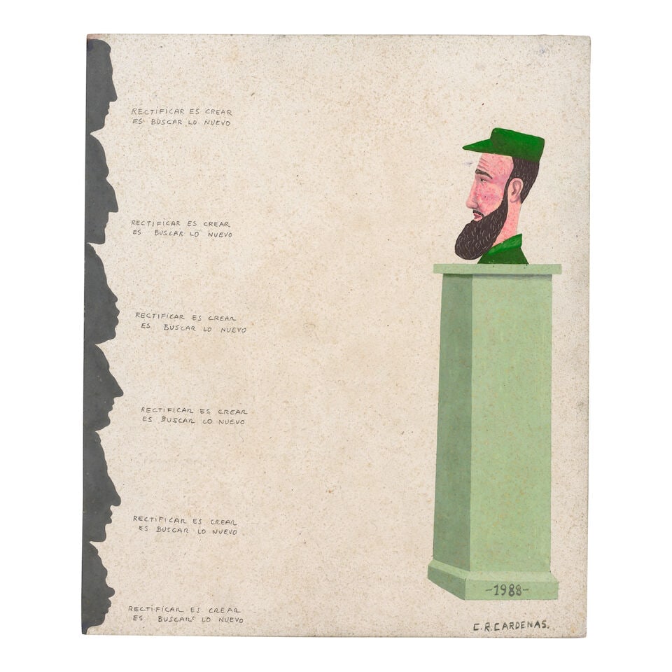 CARLOS RODRÍGUEZ CÁRDENAS (B. 1962) Rectificar es crear, es buscar lo nuevo 10 x 8 1/2...: CARLOS RODRÍGUEZ CÁRDENAS (B. 1962) Rectificar es crear, es buscar lo nuevo signed and dated '1988 C.R. Cardenas.' (lower right) acrylic on wood 10 x 8 1/2 in (25.4 x 21.4 cm) Painted in 198