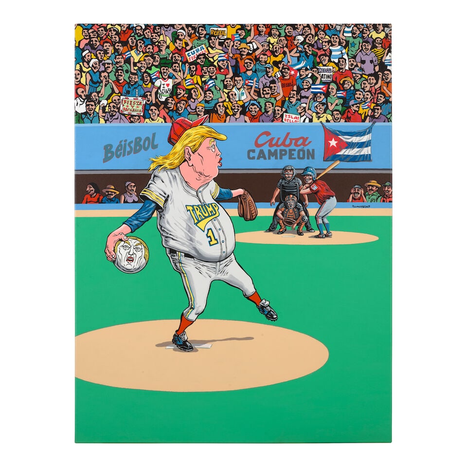 REYNERIO TAMAYO FONSECA (B. 1968) Cuba at Bat 39 5/8 x 29 15/16 in (100.6 x 76 cm) (Painted in 2...: REYNERIO TAMAYO FONSECA (B. 1968) Cuba at Bat signed and dated 'Tamayo 2019' (center right) acrylic on canvas 39 5/8 x 29 15/16 in (100.6 x 76 cm) Painted in 2019 Footnotes: This work is accompanied b
