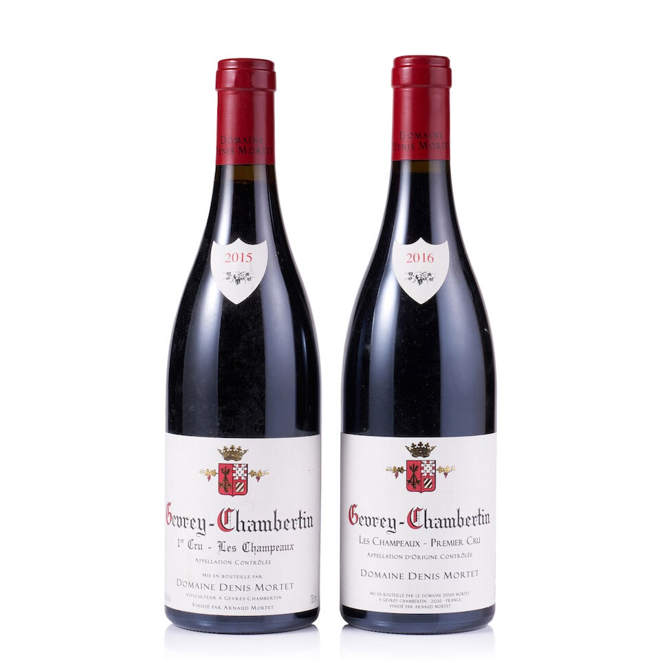 Domaine Denis Mortet, Gevrey-Chambertin 1er Cru, Les Champeaux, 2015 & 2016 (2 x 750ml): Domaine Denis Mortet, Gevrey-Chambertin 1er Cru, Les Champeaux, 2015 (1 x 750ml) Region: Burgundy Fill Level: excellent Capsule: ok Cork: ok Label: slightly stained, slightly stained vintage slip Dom