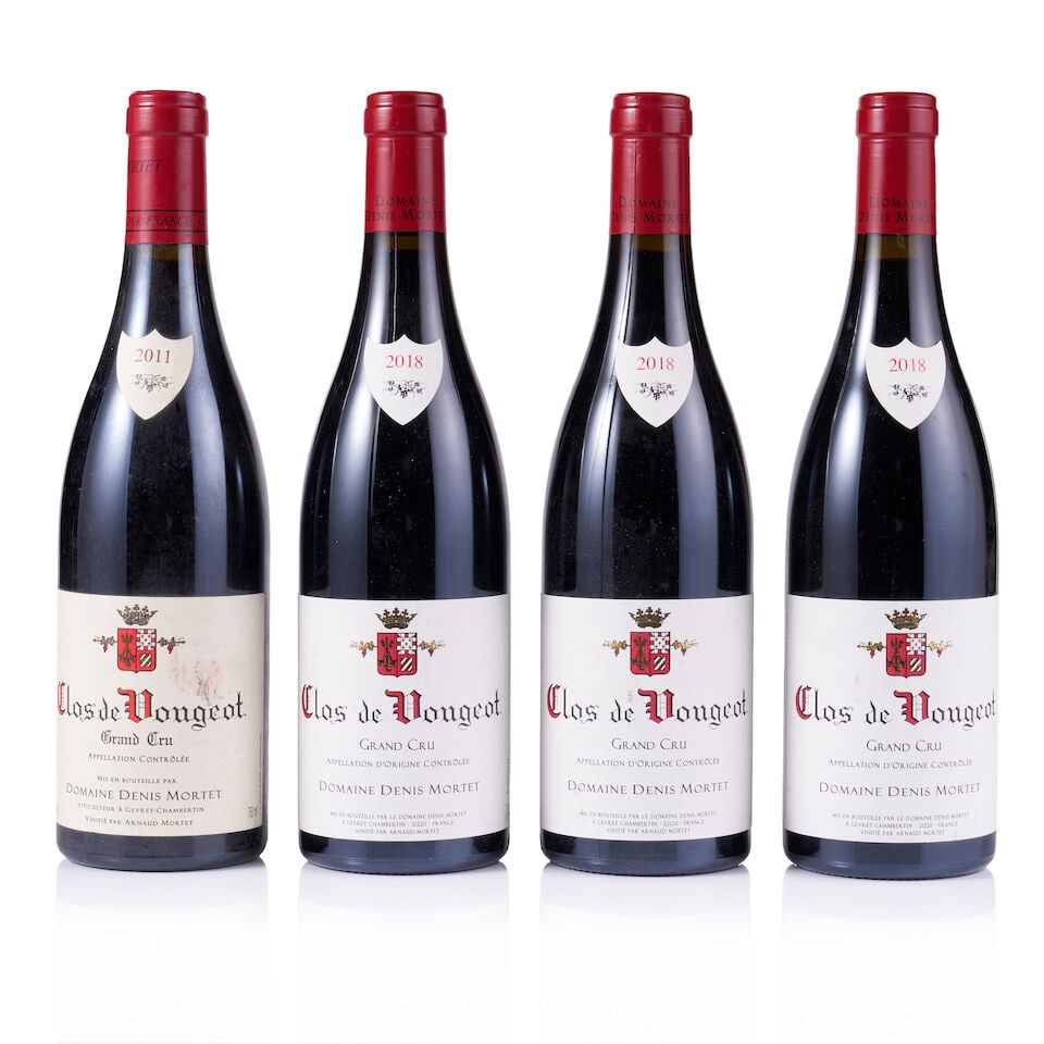 Domaine Denis Mortet, Clos de Vougeot Grand Cru, 2011 & 2018 (4 x 750ml): Domaine Denis Mortet, Clos de Vougeot Grand Cru, 2011 (1 x 750ml) Region: Burgundy Fill Level: excellent Capsule: ok Cork: ok Label: stained Domaine Denis Mortet, Clos de Vougeot Grand Cru, 2018 (3 x