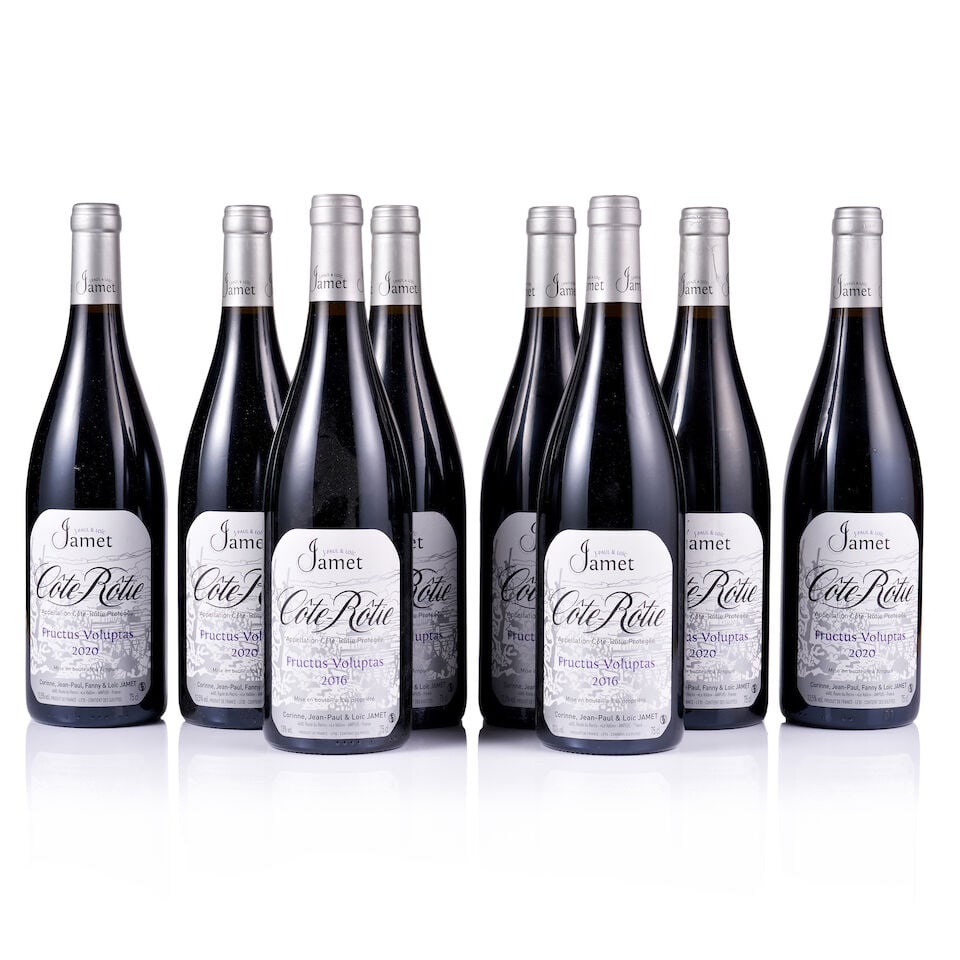 Mixed Lot of Jamet, Côte-Rotie, Frusctus Voluptas, 2016 & 2020 (8x 750ml): Jamet, Côte-Rotie, Fructus Voluptas, 2016 (2 x 750ml) Region: Rhône Valley Fill Level: excellent Capsule: ok Cork: ok Label: excellent appearance Packaging: neutral carton Jamet, Côte-