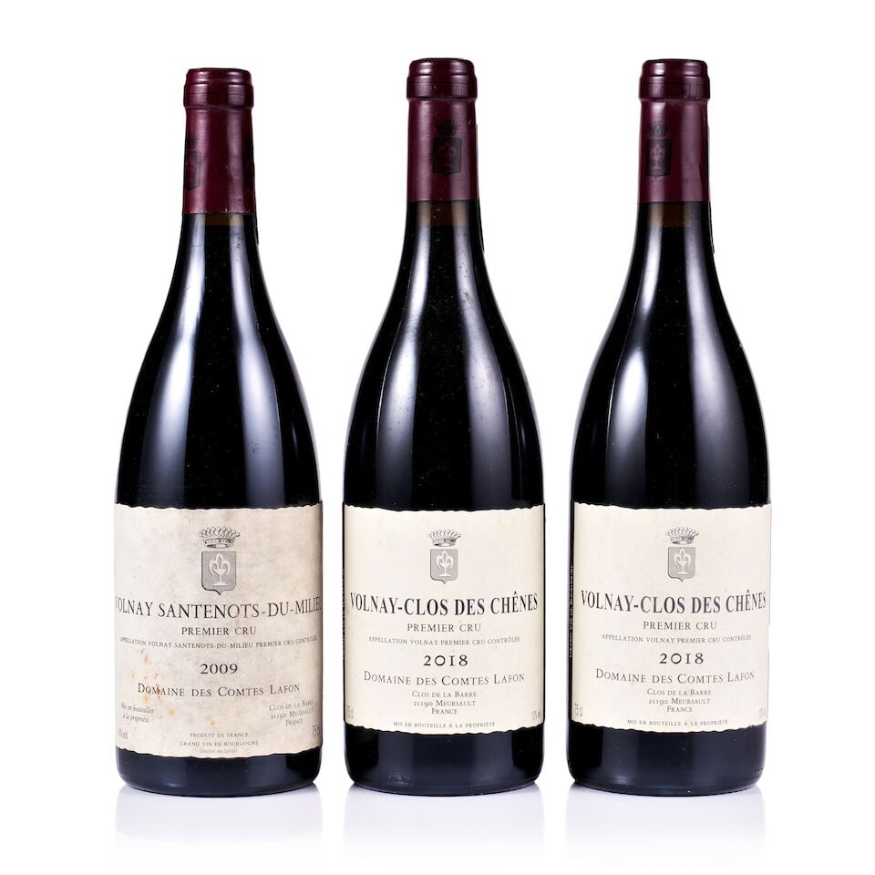 Mixed Lot of Domaine des Comtes Lafon, Volnay 1er Cru, 2008 & 2019 (3 x 750ml): Domaine des Comtes Lafon, Volnay 1er Cru, Santenots du Milieu, 2009 (1 x 750ml) Region: Burgundy Fill Level: excellent Capsule: ok Cork: ok Label: bin-soiled, stained and marked Domaine des Comtes La