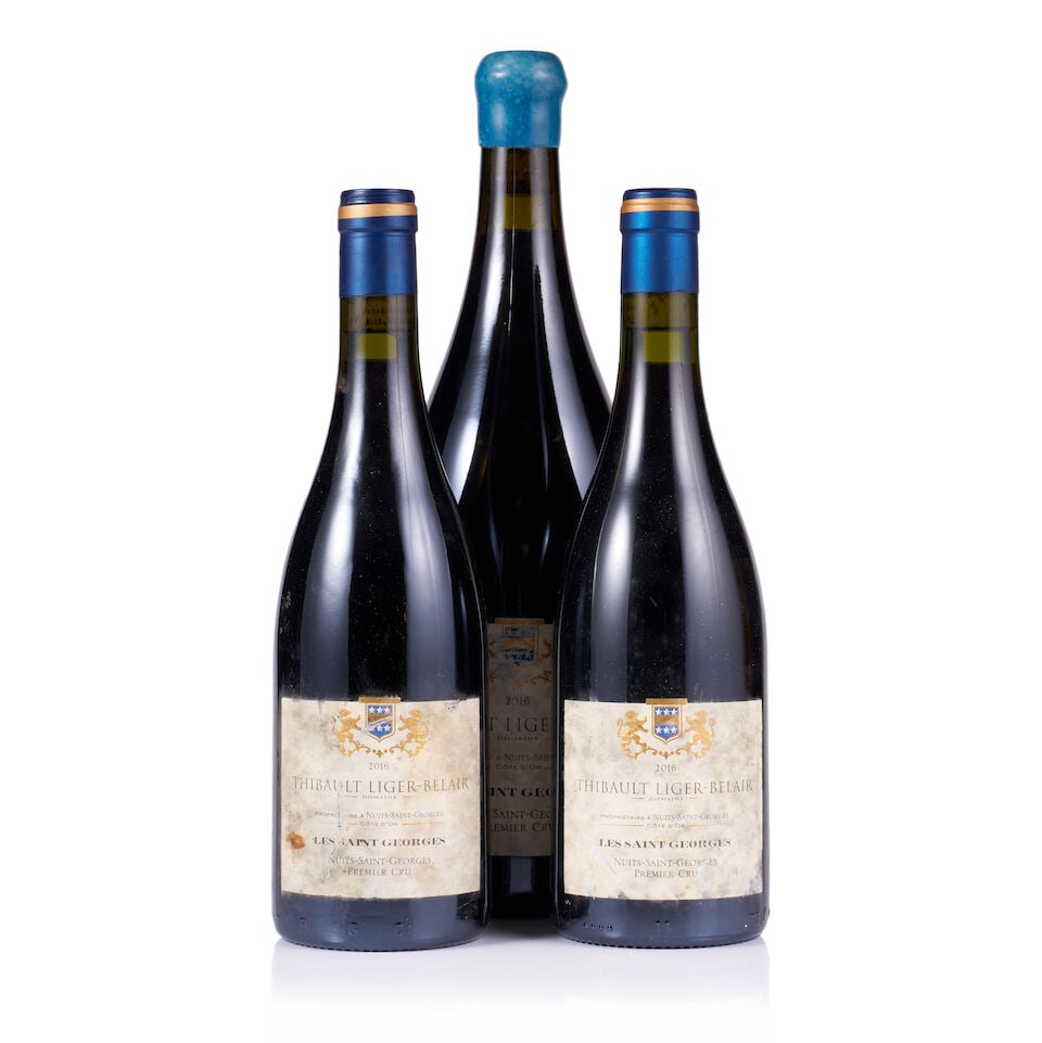 Thibault Liger Belair, Nuits-Saint-Georges 1er Cru, Les Saint Georges, 2016 (2 x 750ml & 1 x Mag...: Thibault Liger-Belair, Nuits-Saint-Georges 1er Cru, Les Saint Georges, 2016 (2 x 750ml) Region: Burgundy Fill Level: excellent Capsule: ok Cork: ok Label: 2x badly stained, bin-soiled and nicked Packa