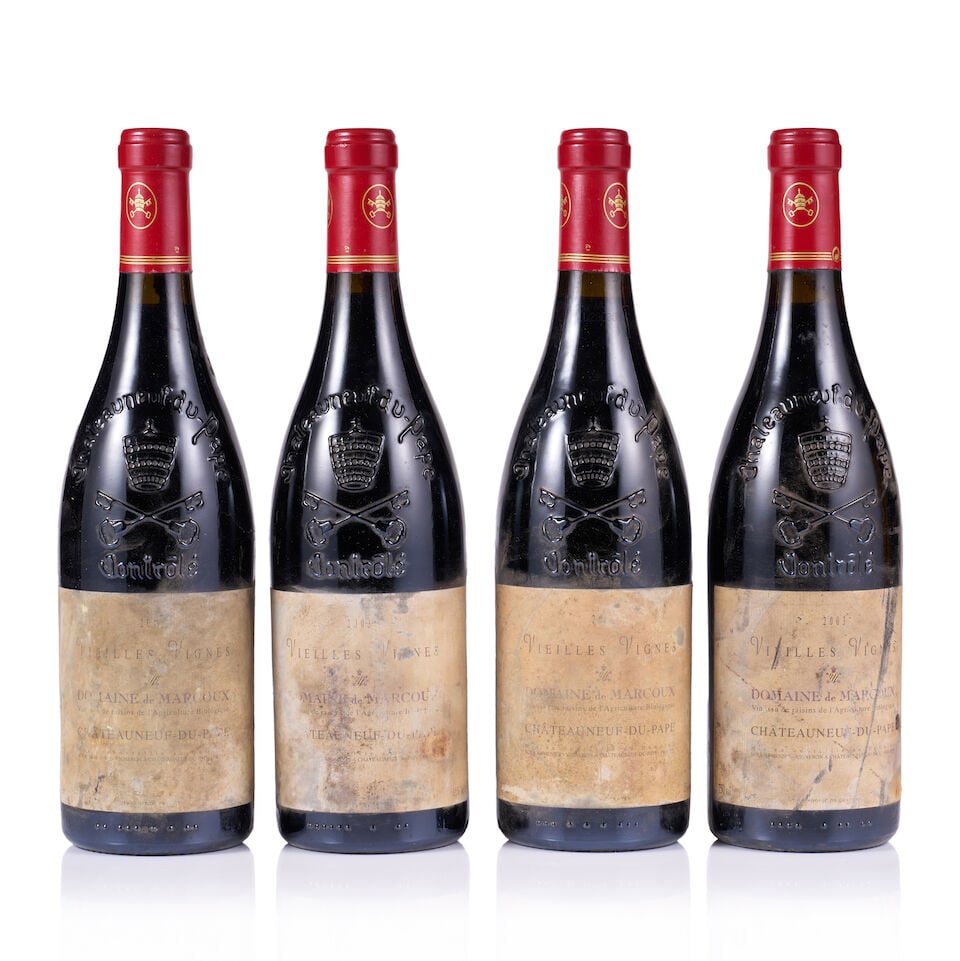 Domaine de Marcoux, Châteauneuf-du-Pape, Vieilles Vignes, 2003 (4 x 750ml): Domaine de Marcoux, Châteauneuf-du-Pape, Vieilles Vignes, 2003 (4 x 750ml) Region: Rhône Valley Fill Level: excellent Capsule: ok Cork: ok Label: all badly damaged, bin-soiled, nicked and st
