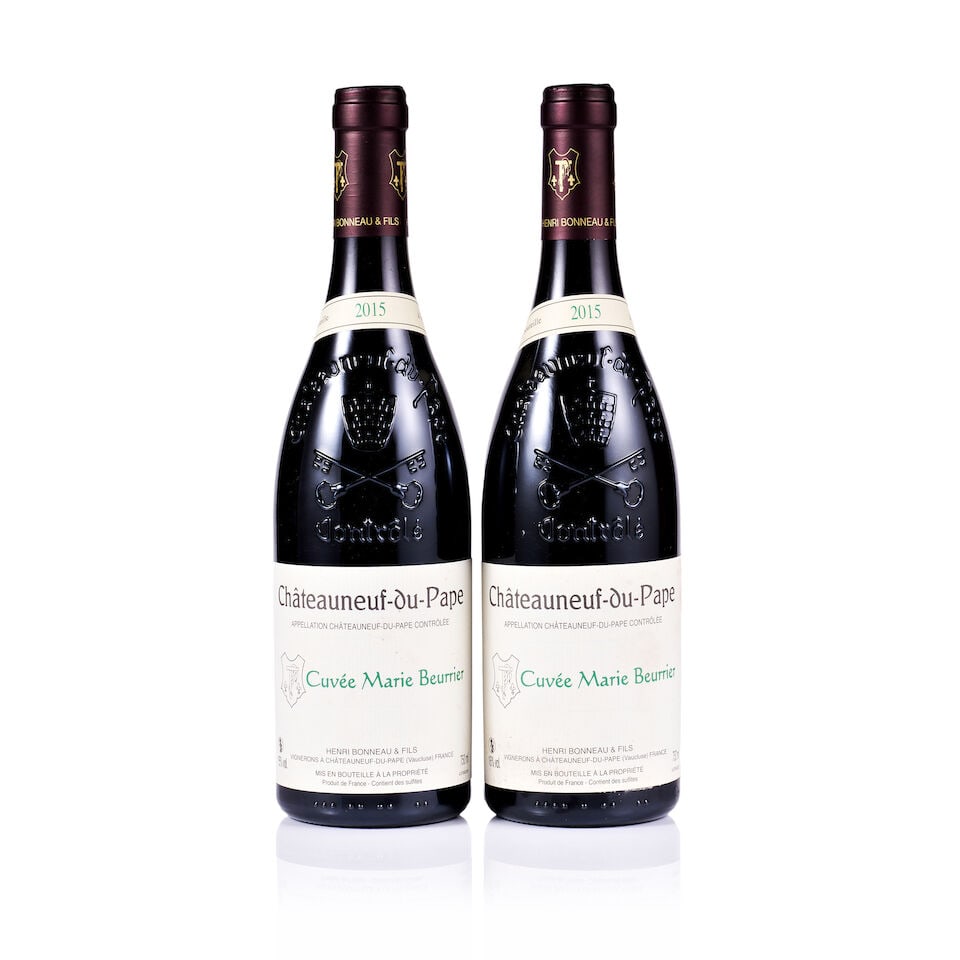 Henri Bonneau, Châteauneuf-du-Pape, Cuvée Marie Beurrier, 2015 (2 x 750ml): Henri Bonneau, Châteauneuf-du-Pape, Cuvée Marie Beurrier, 2015 (2 x 750ml) Region: Rhône Valley Fill Level: excellent Capsule: ok Cork: ok Label: 2x very slightly stained Packaging: neu