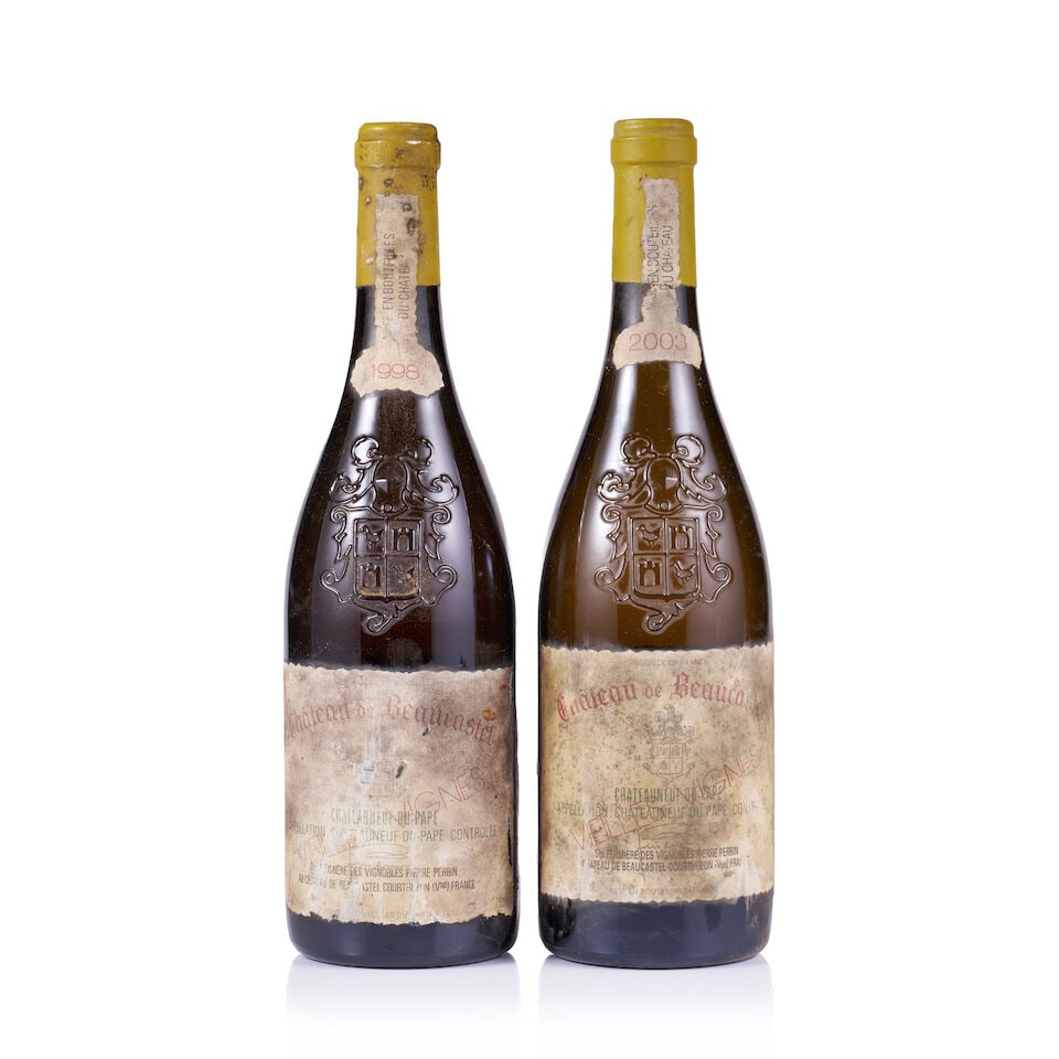 Château de Beaucastel, Châteauneuf-du-Pape, Roussanne Vieilles Vignes 1998 & 2003 (2 x...: Château de Beaucastel, Châteauneuf-du-Pape, Roussanne Vieilles Vignes, 1998 (1 x 750ml) Region: Rhône Valley Fill Level: excellent Capsule: stained and soiled Cork: very slightly depres