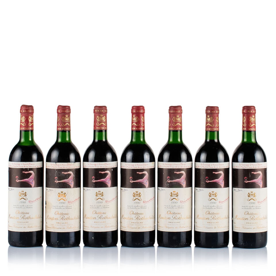 Château Mouton Rothschild, Pauillac, 1er Grand Cru Classé, 1990 (7 x 750ml): Château Mouton Rothschild, Pauillac, 1er Grand Cru Classé, 1990 (7 x 750ml) Region: Bordeaux Fill Level: 1x just above mid shoulder, 2x upper shoulder, 2x top shoulder, 2x base of neck Capsu