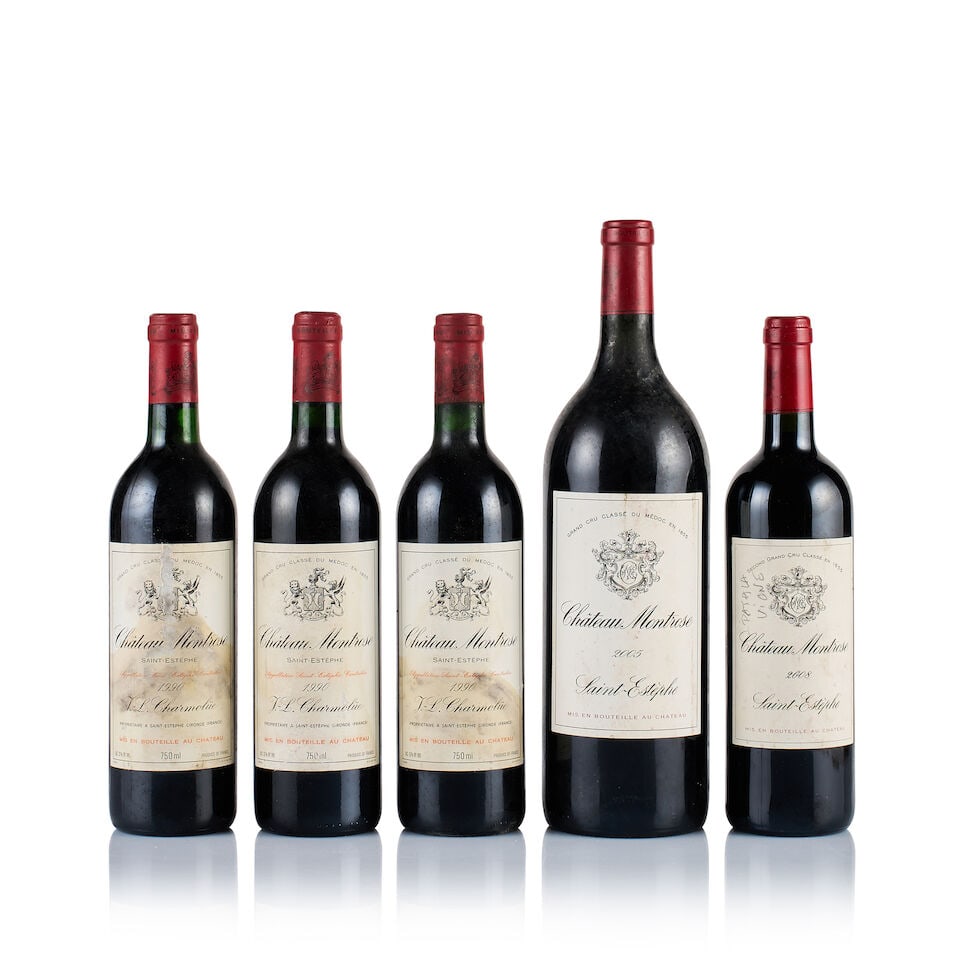 Château Montrose, Saint-Estèphe, Grand Cru Classé, 1990, 2005 & 2008 (4 x 750ml &...: Château Montrose, Saint-Estèphe, Grand Cru Classé, 1990 (3 x 750ml) Region: Bordeaux Fill Level: 1x base of neck, 2x into neck Capsule: 3x slightly bin-soiled Cork: ok Label: all staine