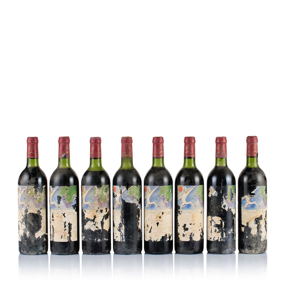 Château Mouton Rothschild, Pauillac, 1er Grand Cru Classé, 1982 (8 x 750ml): Château Mouton Rothschild, Pauillac, 1er Grand Cru Classé, 1982 (8 x 750ml) Region: Bordeaux Fill Level: 1x base of neck, 2x very top shoulder, 3x top shoulder, 1x upper shoulder, 1x mid sho