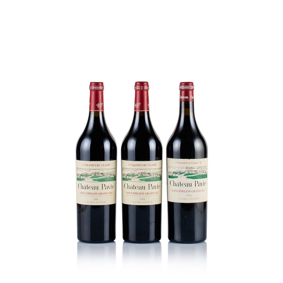 Château Pavie, Saint-Emilion, Grand Cru, 2008 & 2014 (3 x 750ml): Château Pavie, Saint-Emilion, Grand Cru, 2008 (2 x 750ml) Region: Bordeaux Fill Level: into neck Capsule: ok Cork: ok Label: all very slightly nicked, 1x very slightly stained Packaging: neutral