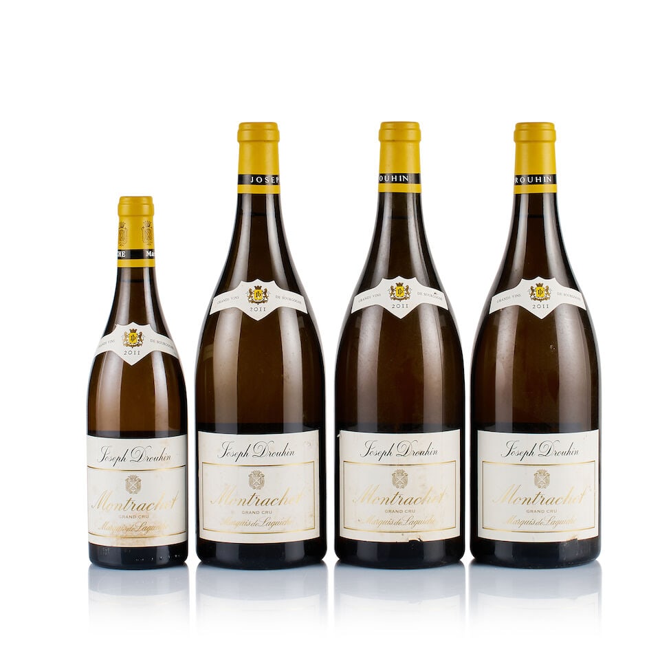Joseph Drouhin, Montrachet Grand Cru, Marquis de Laguiche, 2011 (1 x 750ml & 3 x Magnum): Joseph Drouhin, Montrachet Grand Cru, Marquis de Laguiche, 2011 (1 x 750ml) Region: Burgundy Fill Level: excellent Capsule: ok Cork: ok Label: bin-soiled, stained, slightly marked Packaging: neutral c