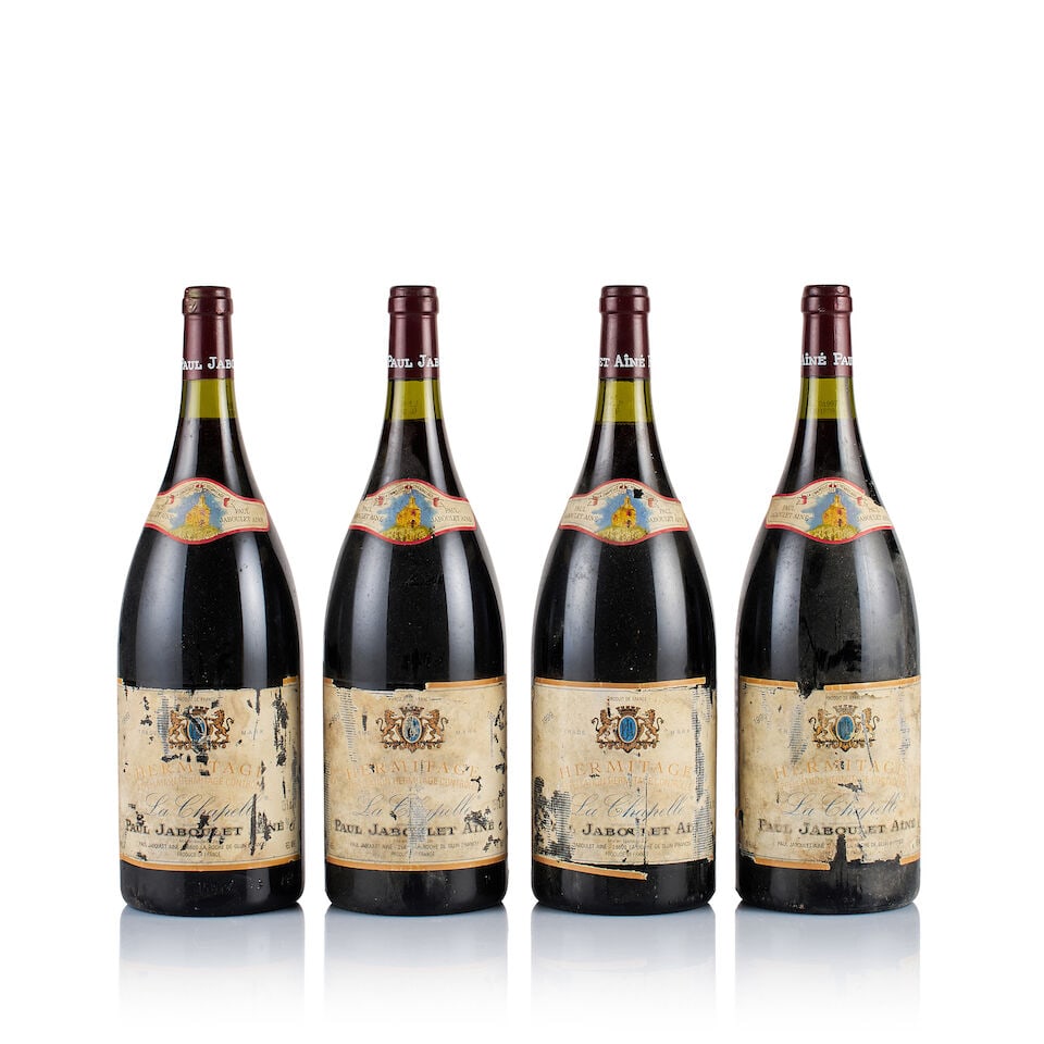Paul Jaboulet Aîné, Hermitage, La Chapelle, 1999 (4 x Magnum): Paul Jaboulet Aîné, Hermitage, La Chapelle, 1999 (4 x Magnum) Region: Rhône Valley Fill Level: under 2.5cm below base of capsules Capsule: ok Cork: ok Label: all bin-soiled, damp-staine