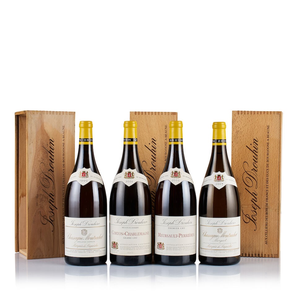 Mixed Lot of Joseph Drouhin, White, 1999, 2001, 2002 & 2007 (4 x Magnum): Joseph Drouhin, Chassagne-Montrachet White, 1999 (1 x Magnum) Region: Burgundy Fill Level: under 1.5cm below base of capsule Capsule: ok Cork: ok Label: very slightly bin-soiled Packaging: original wo