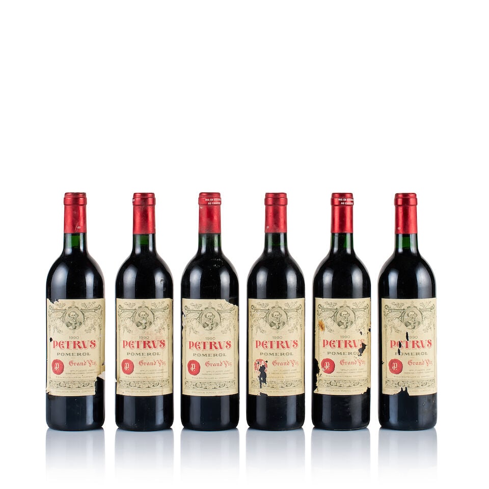 Pétrus, Pomerol, 1990 (6 x 750ml): Pétrus, Pomerol, 1990 (6 x 750ml) Region: Bordeaux Fill Level: into neck Capsule: 6x bin soiled, slightly scratched on top Cork: ok Label: all bin-soiled and stained, 2x badly stained, 5x slightl