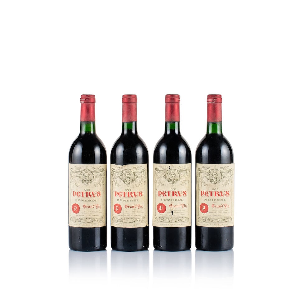 Pétrus, Pomerol, 1988 (4 x 750ml): Pétrus, Pomerol, 1988 (4 x 750ml) Region: Bordeaux Fill Level: 2x into neck, 2x base of neck Capsule: 4x bin-soiled Cork: 2x slightly depressed, 2x ok Label: all bin-soiled and stained, 3x loose,