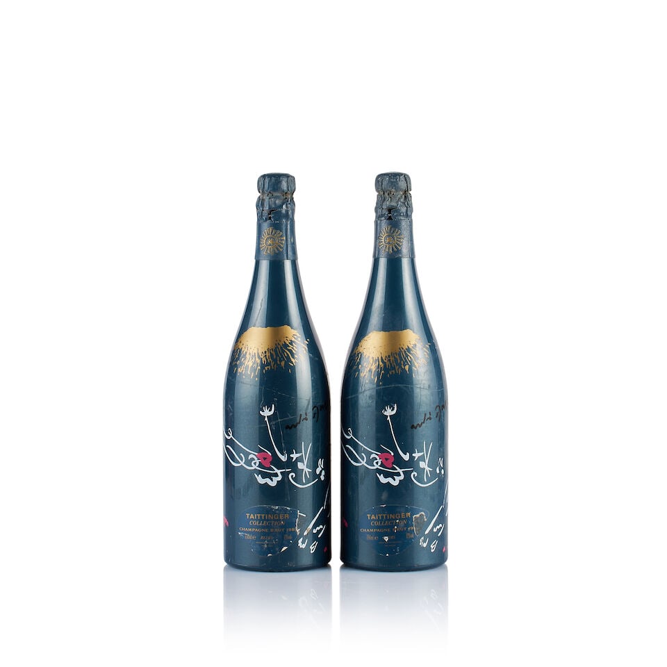 Champagne Taittinger, Collection, André Masson, 1982 (2 x 750ml): Champagne Taittinger, Collection, André Masson, 1982 (2 x 750ml) Region: Champagne Capsule: 2x bin-soiled and corroded foils Label: 2x torn and bin-soiled labels on plastic upper layers Packaging