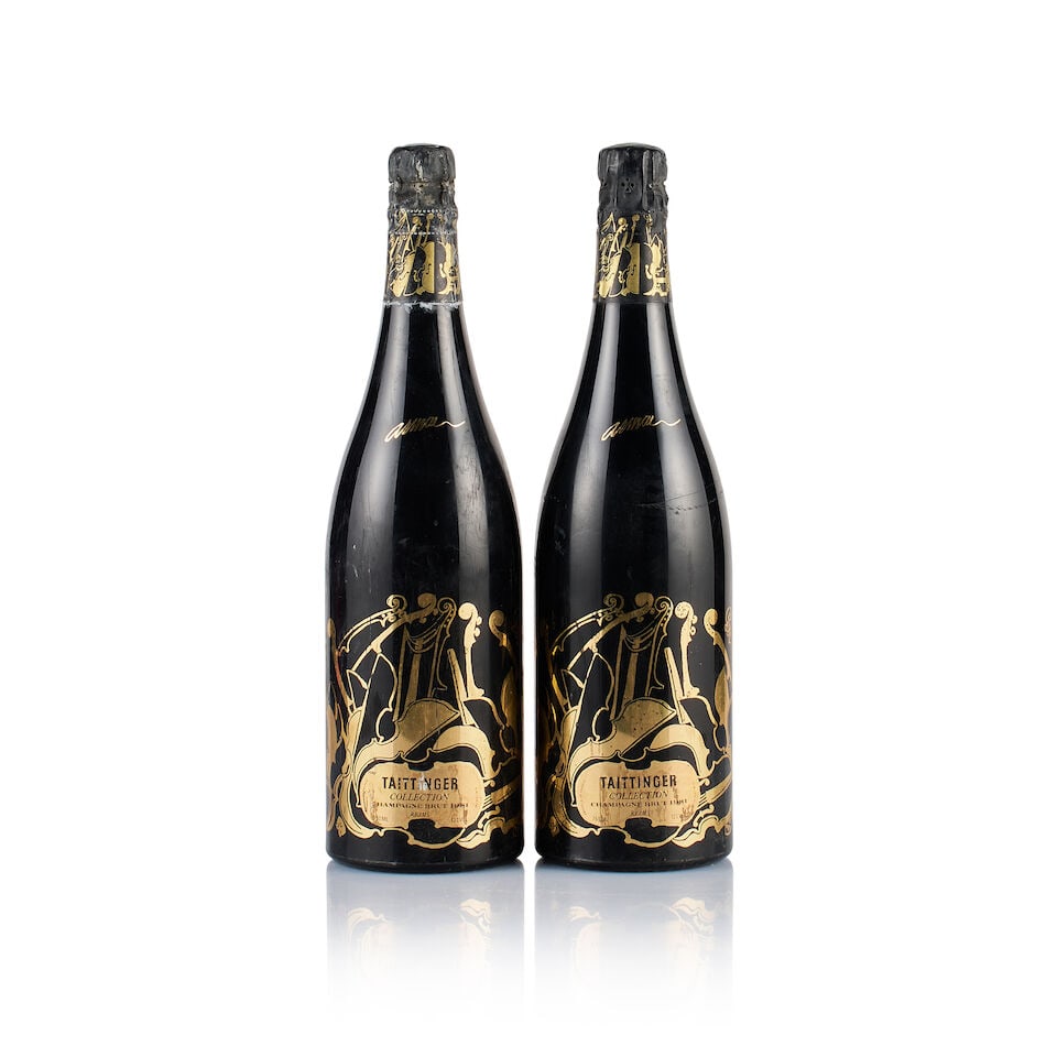 Champagne Taittinger, Collection, Arman, 1981 (2 x 750ml): Champagne Taittinger, Collection, Arman, 1981 (2 x 750ml) Region: Champagne Capsule: 2x corroded and bin-soiled foils Label: 2x bin-soiled and nicked labels on plastic upper layers Packaging: neutral