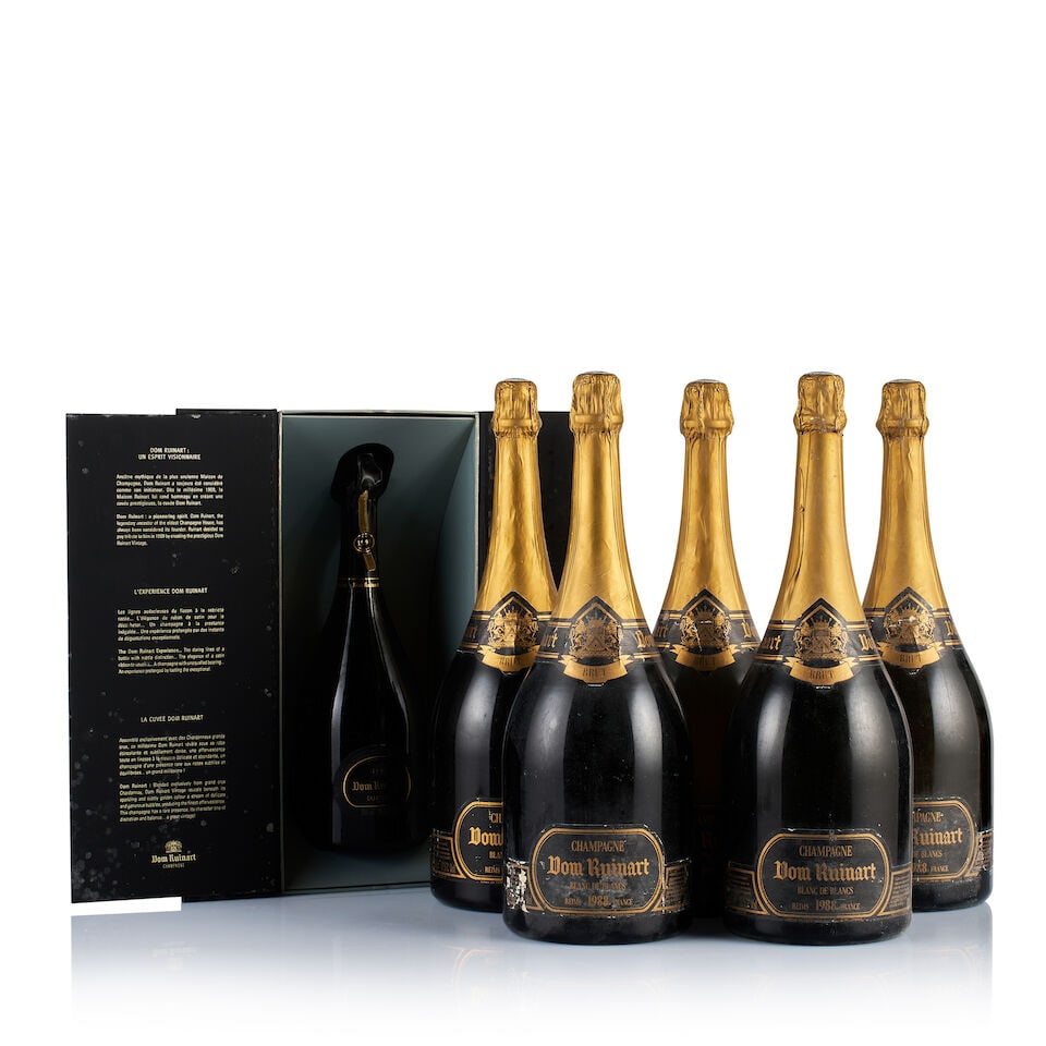 Champagne Ruinart, Dom Ruinart, Blanc de Blancs, 1988 & 1998 (1 x 750ml & 5 x Magnum): Champagne Ruinart, Dom Ruinart, Blanc de Blancs, 1988 (5 x Magnum) Region: Champagne Fill Level: excellent Capsule: 5x bin-soiled and stained foils Cork: ok Label: all badly bin-soiled, stained and ni