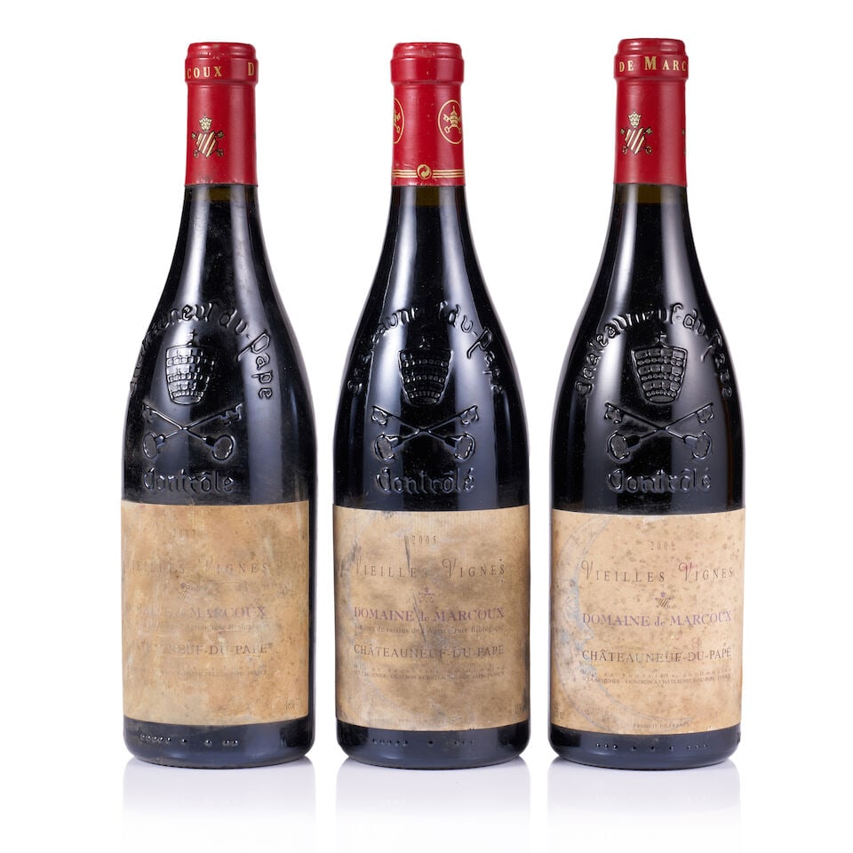 Domaine de Marcoux, Châteauneuf-du-Pape, Vieilles Vignes, 2005, 2007 & 2009 (3 x 750ml): Domaine de Marcoux, Châteauneuf-du-Pape Vieilles Vignes, 2005 (1 x 750ml) Region: Rhône Valley Fill Level: excellent Capsule: ok Cork: ok Label: bin-soiled, stained & badly marked Domaine d