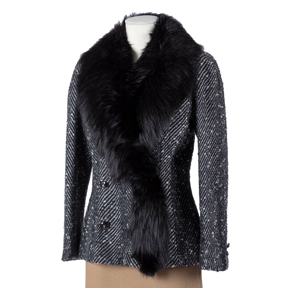 Jean-Louis Scherrer Couture. Veste en tweed noir, gris, gansé de fourrure de renard. Jean-L... (1 of 1)