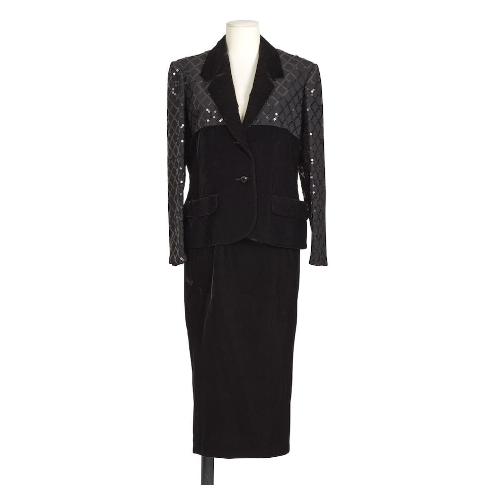 Jean-Louis Scherrer Boutique. Tailleur pantalon et jupe en velours noir partiellement brodé... (1 of 2)