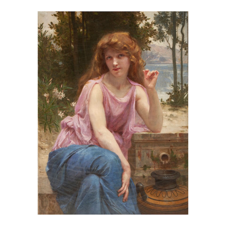 Guillaume Seignac (French, 1870-1924) Coventina Gathering Water (framed 143.5 x 116.8 x 15.5 cm ...: Guillaume Seignac (French, 1870-1924) Coventina Gathering Water signed 'G-Seignac' (lower left) oil on canvas 104.8 x 80.0 cm (41 1/4 x 31 1/2 in). framed 143.5 x 116.8 x 15.5 cm (56 1/2 x 46 x 6
