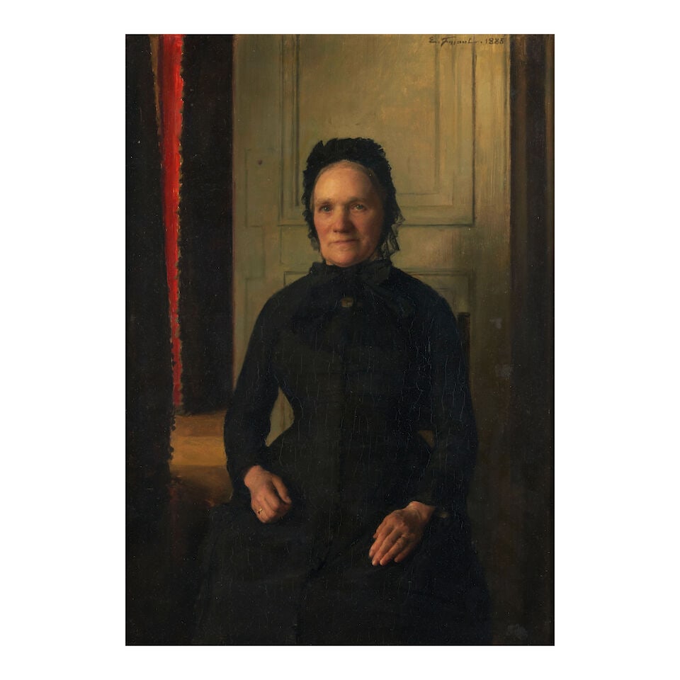 Emile Friant (French, 1863-1932) Madame Coquelin Mère (framed 65.0 x 54.0 x 7.0 cm (25 9/16...: Emile Friant (French, 1863-1932) Madame Coquelin Mère signed and dated 'E. Friant. 1885' (upper left) oil on panel 41.5 x 29.5 cm (16 5/16 x 11 5/8 in). framed 65.0 x 54.0 x 7.0 cm (25 9/16 x