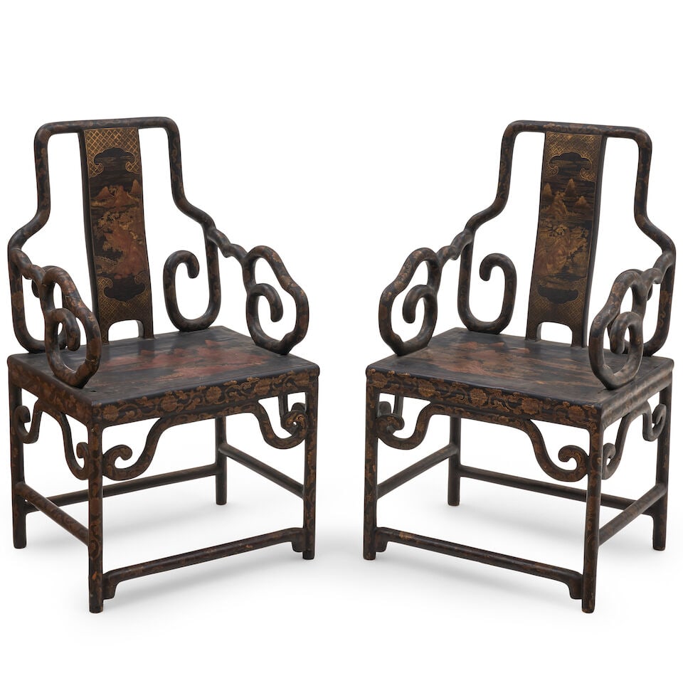 Two Chinese Black Lacquer Armchairs, 19th century, (1 of 2)