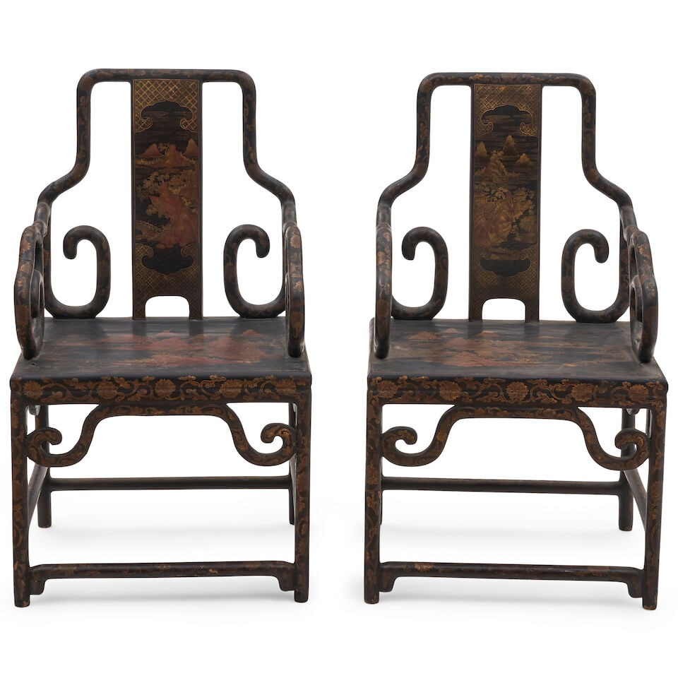 Two Chinese Black Lacquer Armchairs, 19th century, - 2