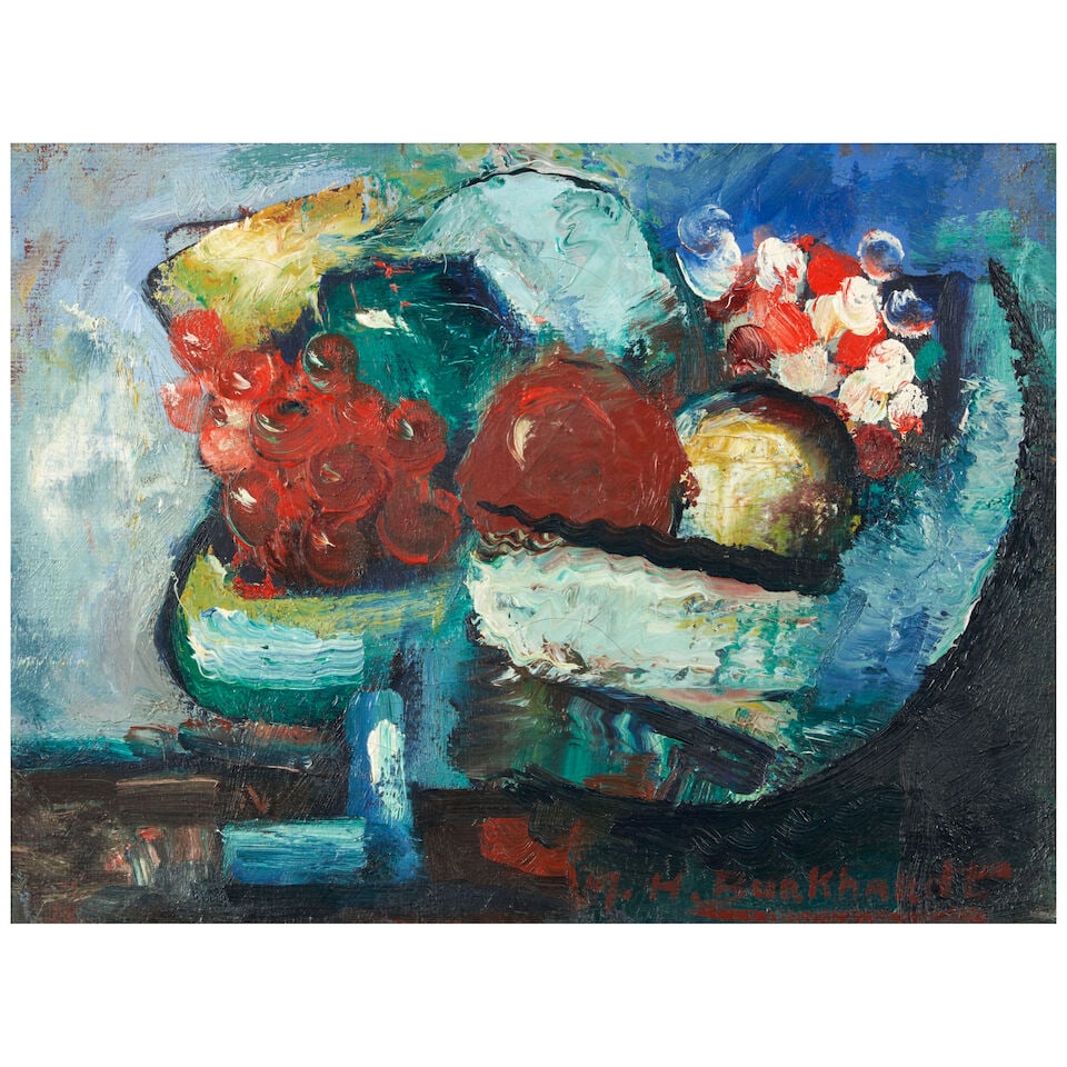 Hans Burkhardt (Swiss/American, 1904-1994) Still Life with Fruit, 1947 (framed 41.5 x 49.0 x 4.0...: Hans Burkhardt (Swiss/American, 1904-1994) Still Life with Fruit, 1947 dated and signed '47 H. Burkhardt' (lower right) oil on canvas 23.0 x 30.5 cm (9 1/16 x 12 in). framed 41.5 x 49.0 x 4.0 cm (16