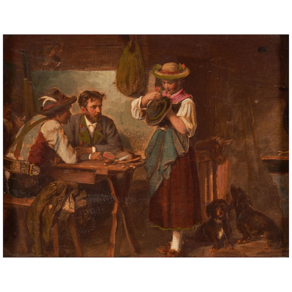 Franz von Defregger (Austrian, 1835-1921) Touristen auf der Alm (framed 31.4 x 35.5 x 5.1 cm (12...: Franz von Defregger (Austrian, 1835-1921) Touristen auf der Alm signed 'F. Defregger' (lower right); titled on a hand-written label (affixed to the reverse) oil on canvas laid to board in a hand