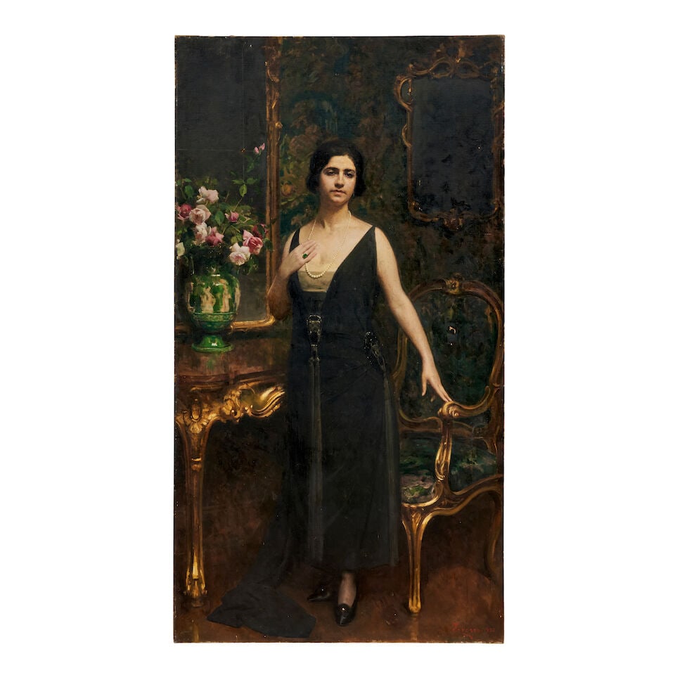Giacomo Grosso (Italian, 1860-1938) Portrait of a Woman in Black (unframed): Giacomo Grosso (Italian, 1860-1938) Portrait of a Woman in Black signed and dated 'G. rosso 1922' (lower right) oil on canvas 221.0 x 120.7 cm (87 x 47 1/2 in). unframed Footnotes: Provenance Bolli