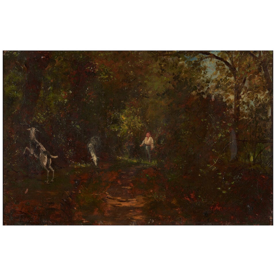 Filippo Palizzi (Italian, 1818-1899) A Wooded Landscape with a Figure and Goats (framed 32.5 x 4...: Filippo Palizzi (Italian, 1818-1899) A Wooded Landscape with a Figure and Goats signed 'Fili Pilizzi' (lower left); identified on two fragmentary labels (affixed to the reverse) oil on board 18.1 x